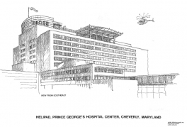An illustration of the helipad in black and white showing an approaching helicopter