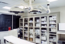 A view of the laboratory area with a work bench, supplies, and equipment